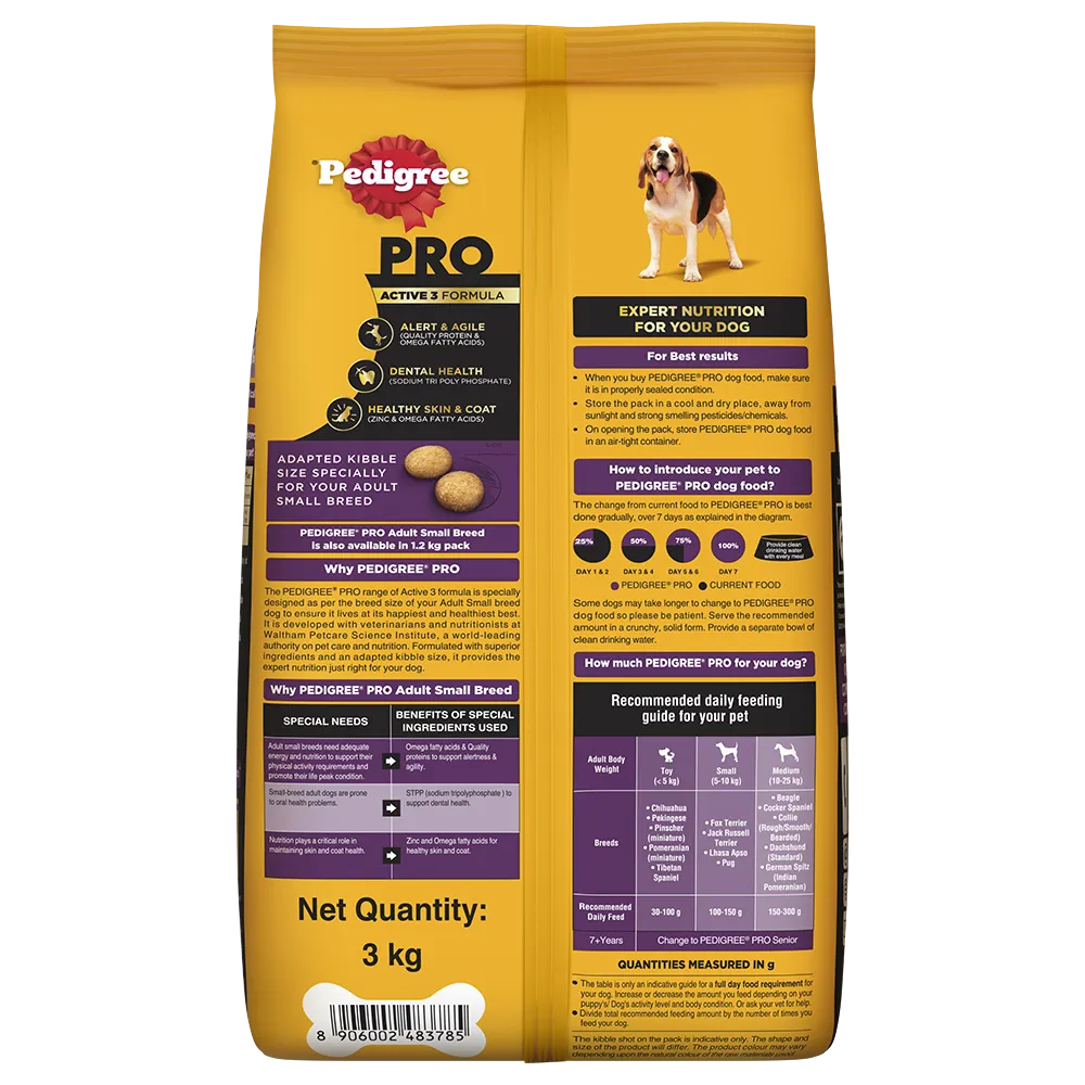 Pedigree PRO Adult Small Breed Dry Dog Food (9 Months Onwards) 3Kg