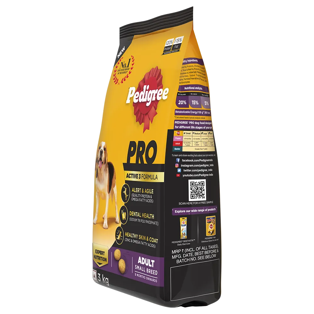 Pedigree Pro Adult Small Breed Dry Dog Food (9 Months Onwards) 3Kg