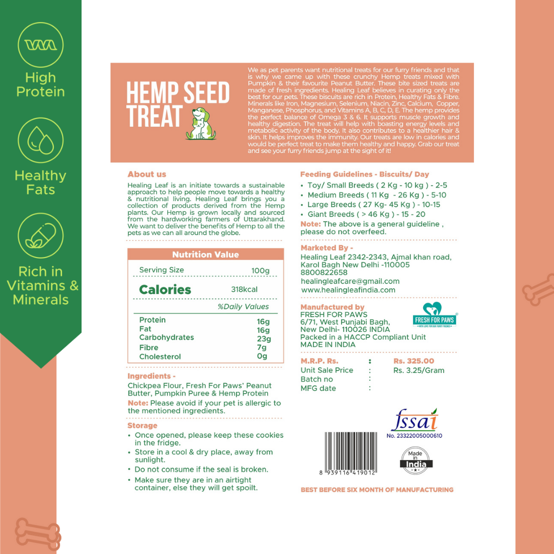 Healing Leaf Hemp Seed Dog Treat with Pumpkin & Peanut Butter 100gm