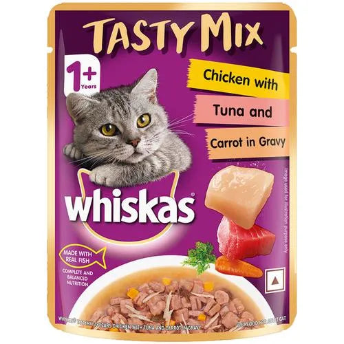Whiskas Adult (1+ Year) Tasty Mix Wet Cat Food Made with Real Fish Chicken with Tuna and Carrot in Gravy 70gm
