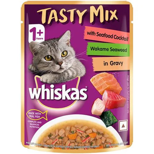 Whiskas Adult (1+ Year) Tasty Mix Wet Cat Food Made with Real Fish Seafood Cocktail Wakame Seaweed in Gravy 70gm