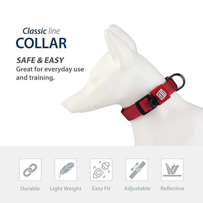 Gigwi Classic Line Collar With Reflective Stitching Sturdy Buckle with Metal D-Ring For Dogs Neck Size 40-55cm Red (Large)