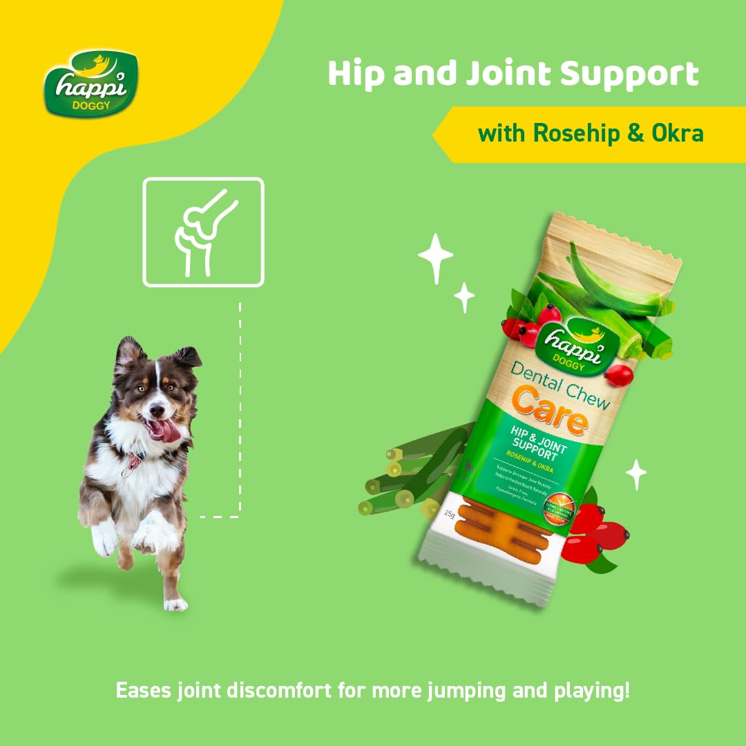 Happi Doggy Dental Chew Care (Hip & Joint Support) Rosehip & Okra Vegetarian & Sustainable Treat For Dogs 150g
