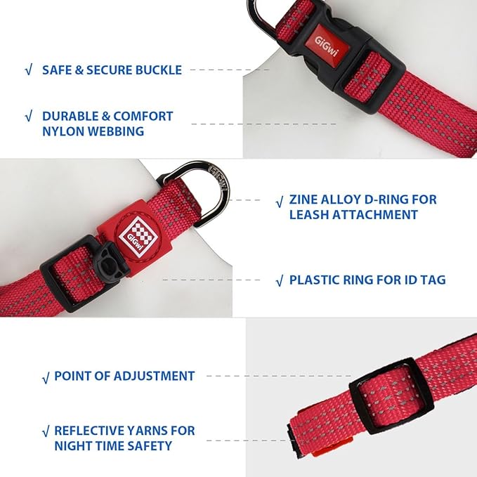 Gigwi Classic Line Collar With Reflective Stitching Sturdy Buckle with Metal D-Ring For Dogs Neck Size 40-55cm Red (Large)