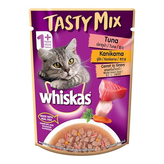 Whiskas Adult (1+ Year) Tasty Mix Wet Cat Food Made with Real Fish Tuna With Kanikama And Carrot in Gravy 70gm