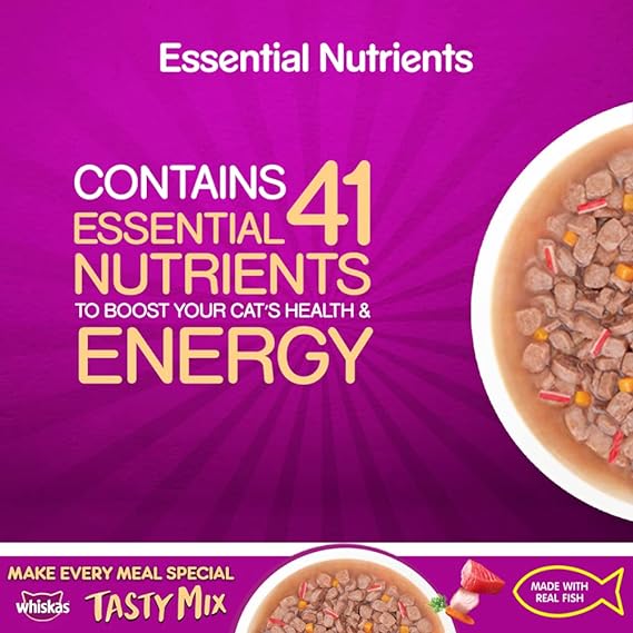 Whiskas Adult (1+ Year) Tasty Mix Wet Cat Food Made with Real Fish Tuna With Kanikama And Carrot in Gravy 70gm