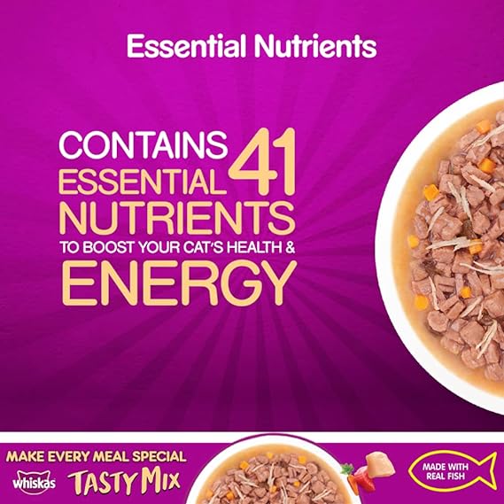 Whiskas Adult (1+ Year) Tasty Mix Wet Cat Food Made with Real Fish Chicken with Tuna and Carrot in Gravy 70gm