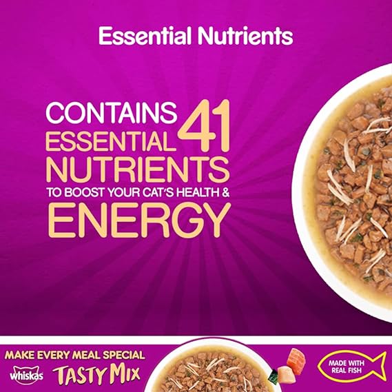 Whiskas Adult (1+ Year) Tasty Mix Wet Cat Food Made with Real Fish Chicken with Salmon Wakame Seaweed in Gravy Flavor 70gm