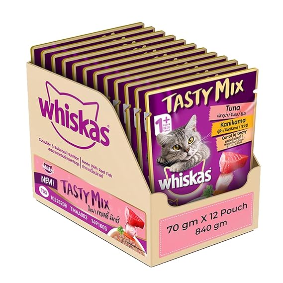 Whiskas Adult (1+ Year) Tasty Mix Wet Cat Food Made with Real Fish Tuna With Kanikama And Carrot in Gravy 70gm (Pack of 12)