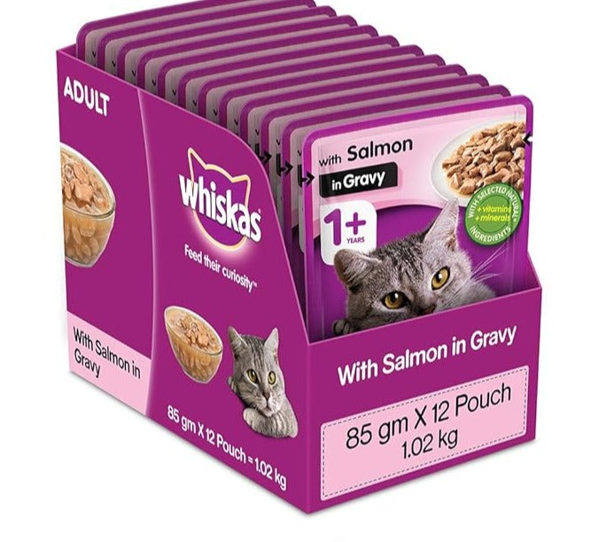 Whiskas Adult Wet Cat Food (1+ Years) Salmon in Gravy Flavor 85g (Pack of 12)