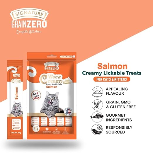 Signature Grain Zero Woow Creamy Salmon Cat & Kitten Lickable Treats 75 Gm (4 Sachet + 1 Free)