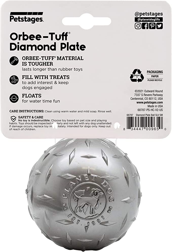 Petstages Orbee Tuff Diamond Plate Treat Dispenser Ball Grey Dog Toy Small