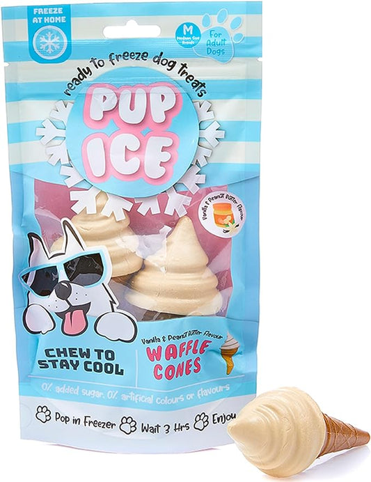 Pup Ice Ready to Freeze Waffle Cones Adult Medium Dog Treat Vanilla & Peanut Butter Flavor