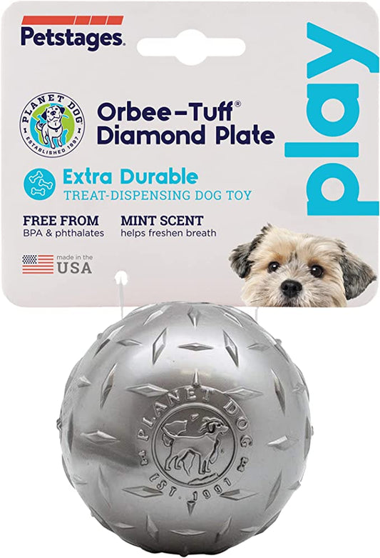 Petstages Orbee Tuff Diamond Plate Treat Dispenser Ball Grey Dog Toy Small