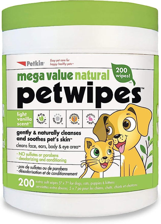 Petkin Mega Value Natural Pet Wipes Vegan & Cruelty-Free For Dogs & Cats 200pcs