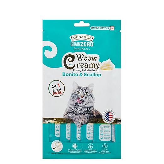 Signature Grain Zero Woow Creamy Bonito & Scallop Cat & Kitten Lickable Treats 75 Gm (4 Sachet + 1 Free)
