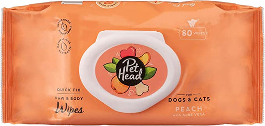 Pet Head Quick fix Paw & Body Wipes For Dogs & Cats Peach with Aloe Vera 80 wipes