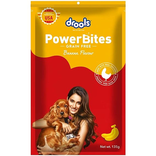 Drools Power Bites Banana Flavour With Real Chicken Grain Free Treat For Dogs 135gm (Pack of 3)
