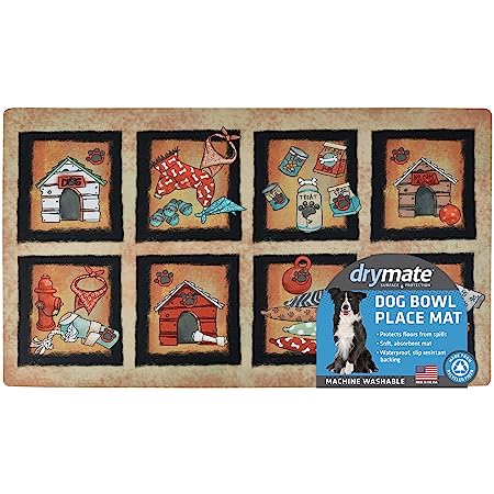 Drymate Pet Bowl Placemat Dog Food Feeding Mat Absorbent Fabric Waterproof Machine Washable - Bow Wow Squares Design 12" x 20"