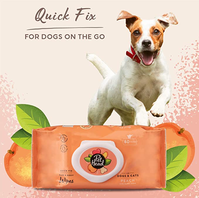 Pet Head Quick fix Paw & Body Wipes For Dogs & Cats Peach with Aloe Vera 80 wipes