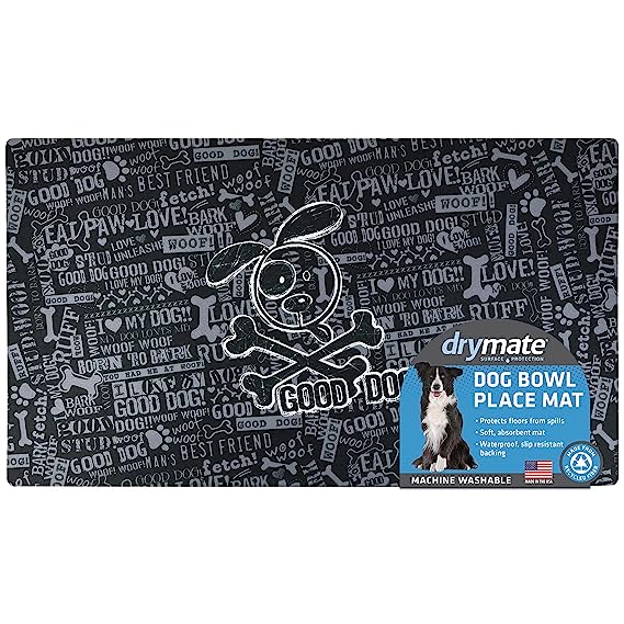 Drymate Pet Bowl Placemat Dog Food Feeding Mat Absorbent Fabric Waterproof Machine Washable - Black Cross Bones 16" x 28"