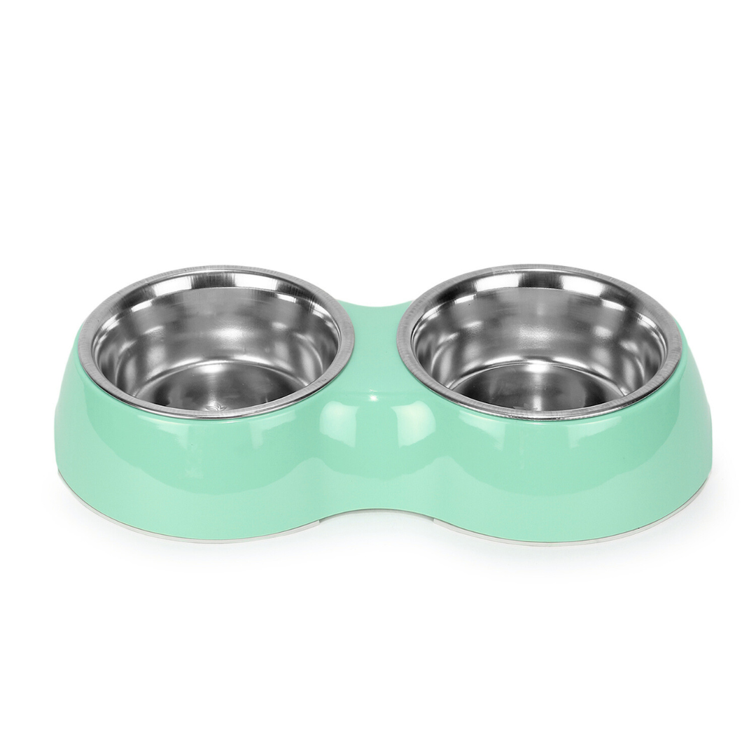 Basil Melamine Double Dinner Set Pet Feeding Bowls for food and water Light Green Small 400ml