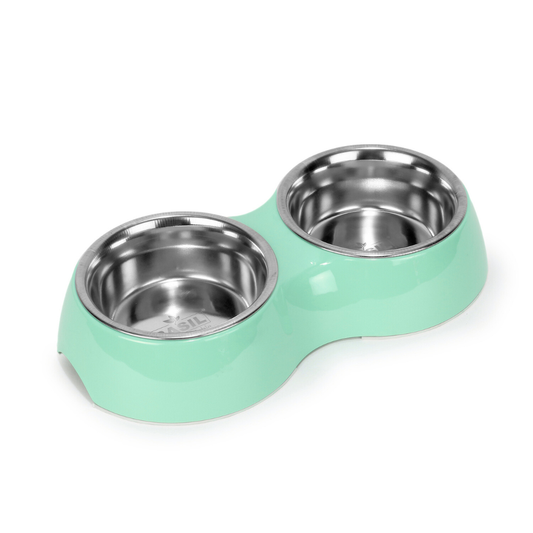 Basil Melamine Double Dinner Set Pet Feeding Bowls for food and water Light Green Small 400ml