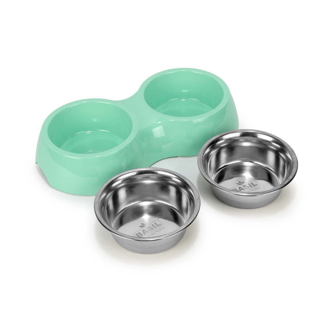 Basil Melamine Double Dinner Set Pet Feeding Bowls for food and water Light Green Small 400ml