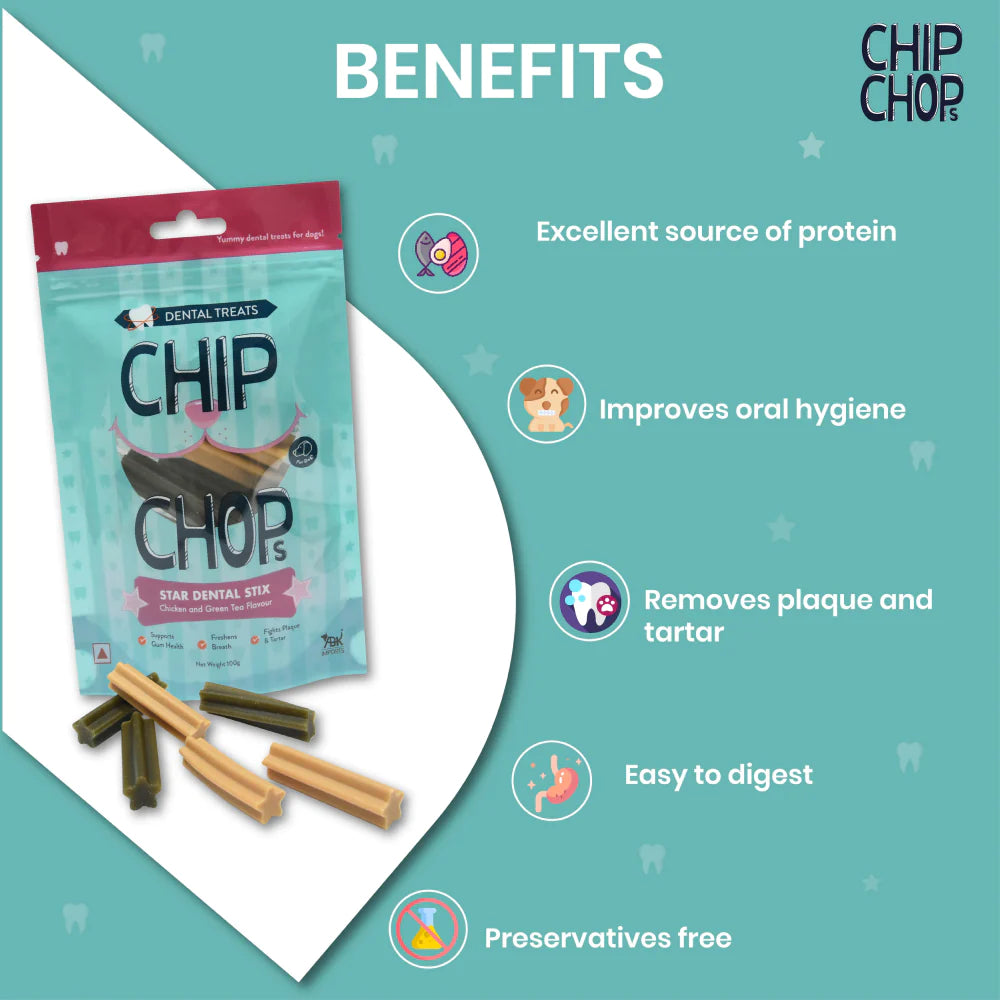 Chip Chops Star Dental Stix Chicken and Green Tea Flavor Dog Treats 100g
