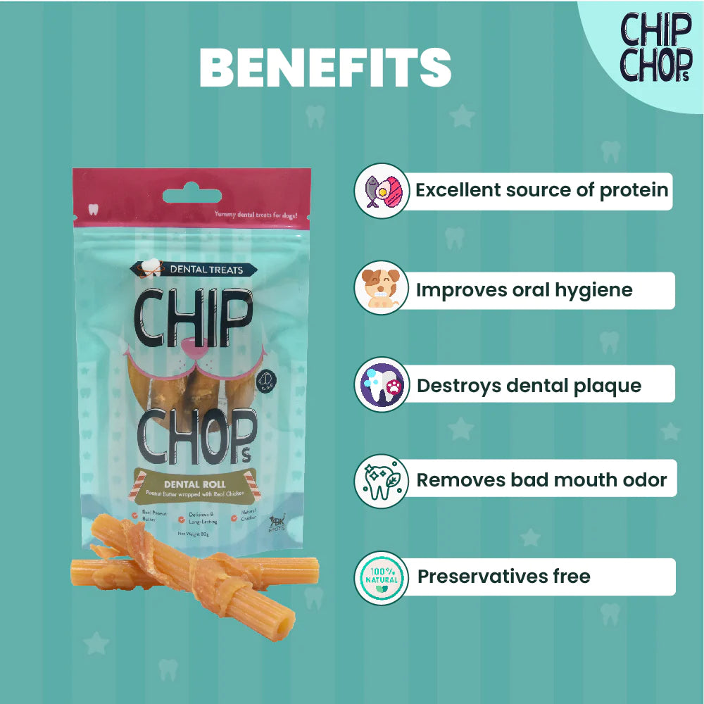 Chip Chops Dental Roll Peanut Butter Wrapped with Real Chicken Dog Treat 80g