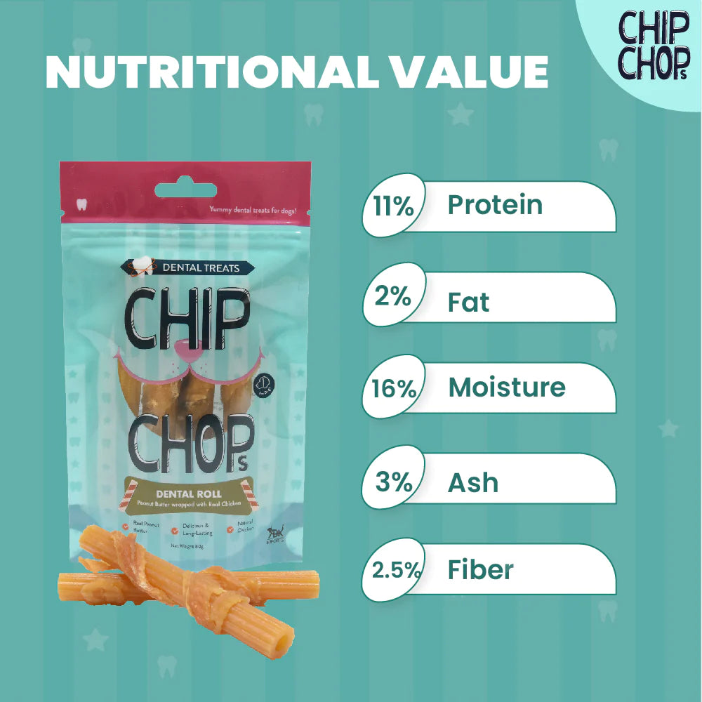 Chip Chops Dental Roll Peanut Butter Wrapped with Real Chicken Dog Treat 80g