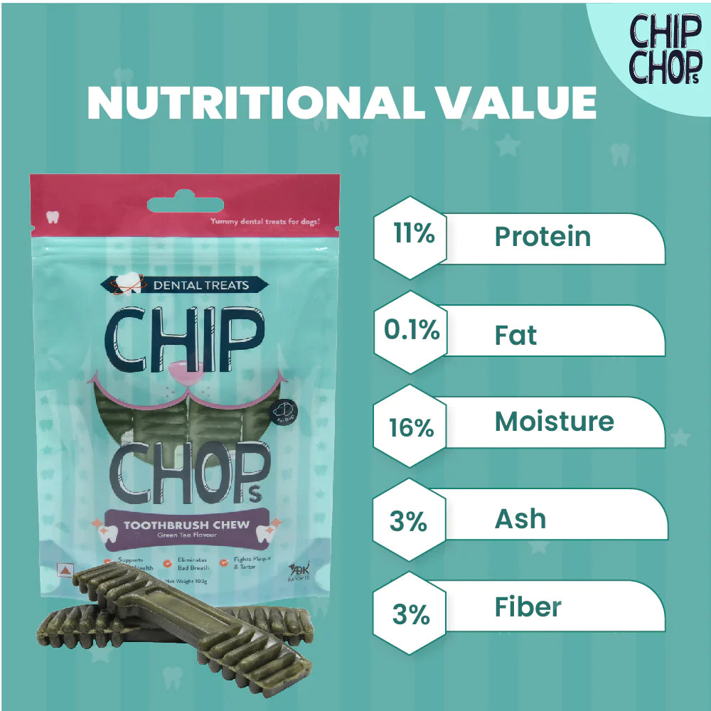 Chip Chops Toothbrush Chew Green Tea Flavour Dog Treat 102g