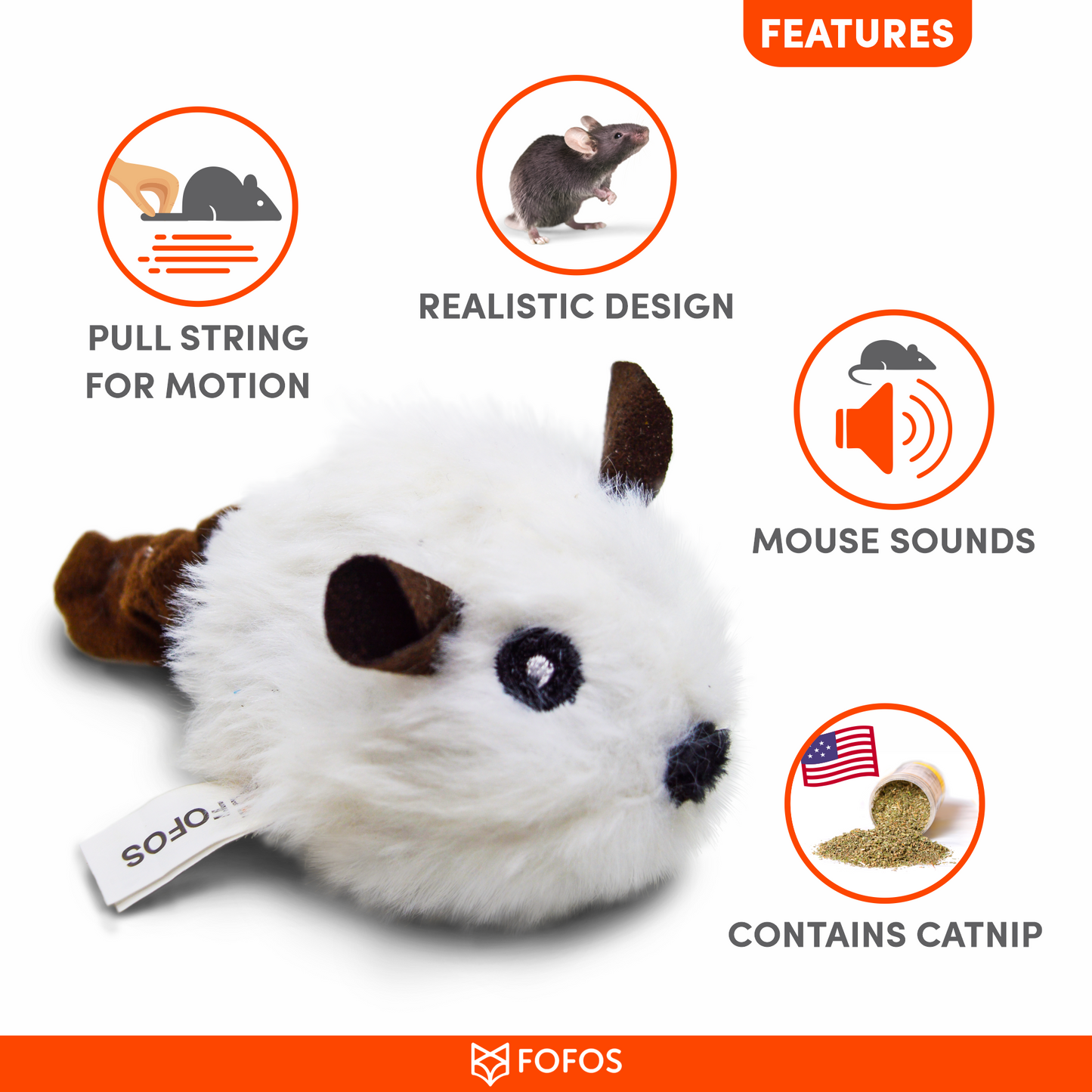 FOFOS Pull String Mouse White Cat Toy 13x5.5x4cm