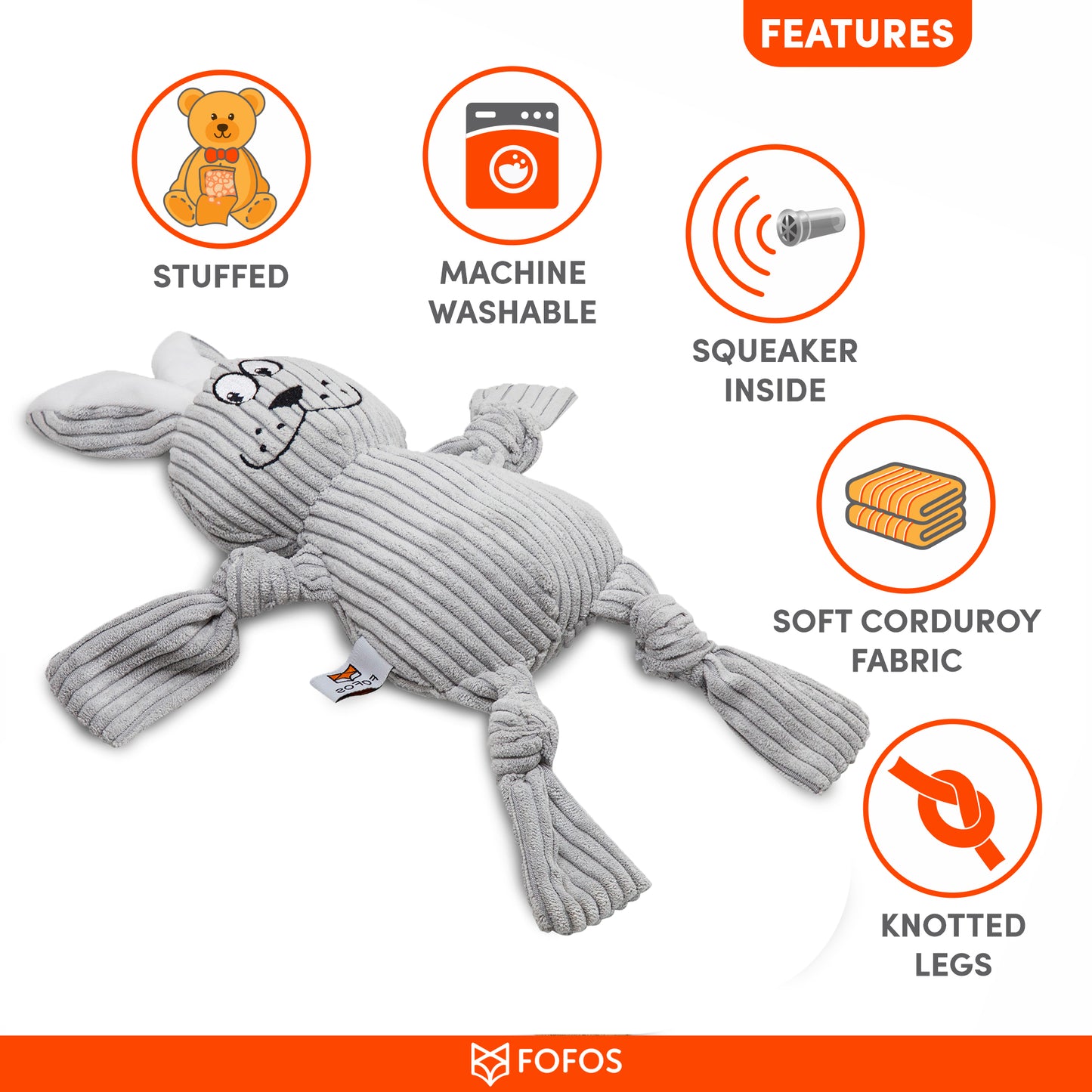 FOFOS Fluffy Rabbit Grey Dog Toy 35 x 23 x 6.5 cm