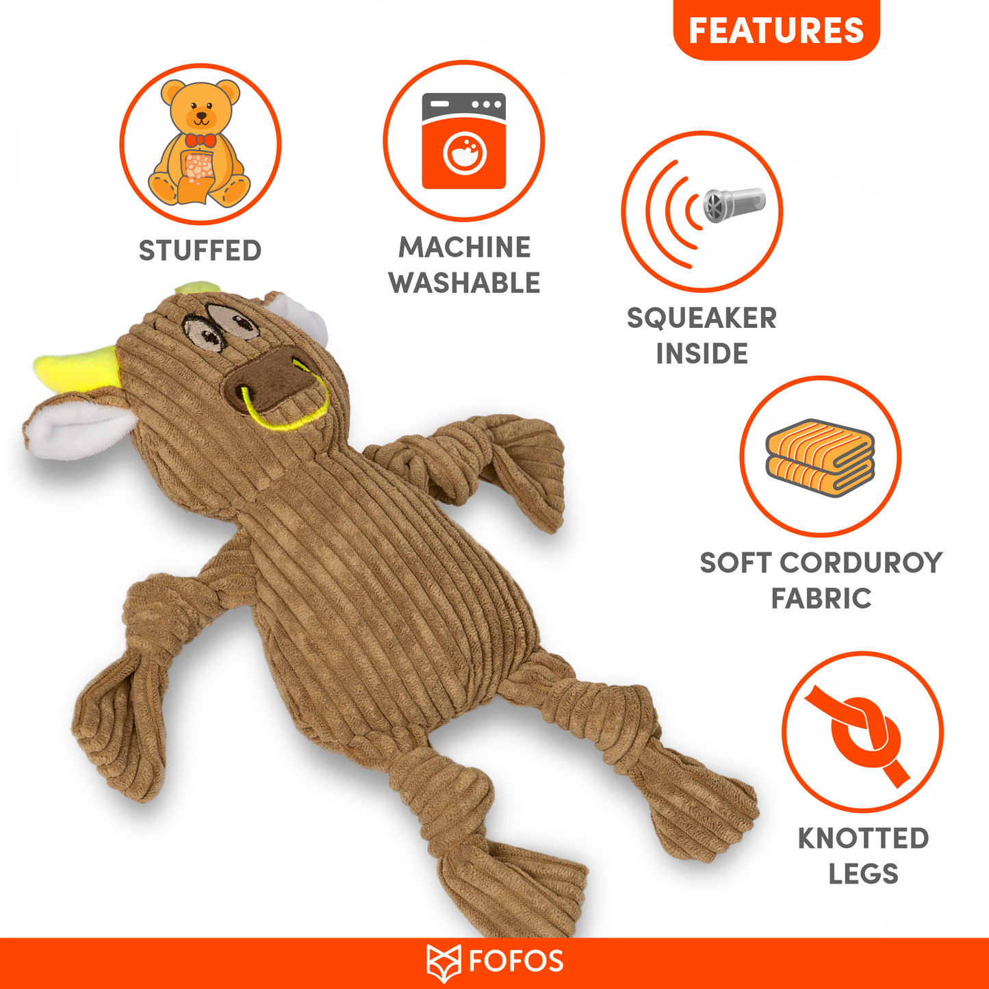 FOFOS Fluffy Cow Brown Dog Toy 30 x 26.5 x 7 cm