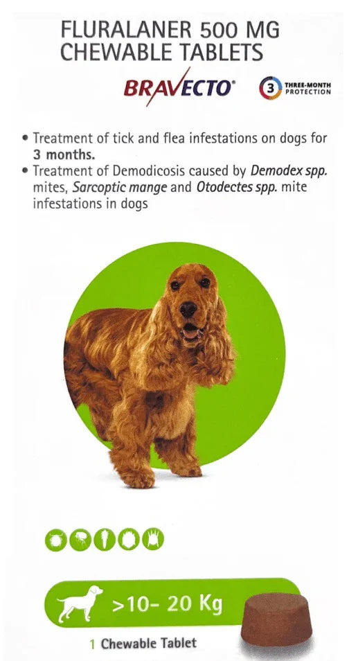 MSD Animal Health Bravecto 1 Chewable Tablet For Flea/Tick & Deworming Dogs (10 Kg - 20 Kg)