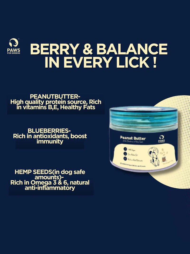 Paws For Greens Vegan & Plant-Based Peanut Butter for Dogs with Blueberries and Hempseeds Flavor 275gm