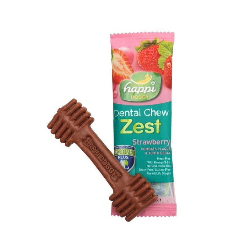 Happi Doggy Dental Chew - Zest - Strawberry Vegetarian & Sustainable Treat For Dogs Single Pack