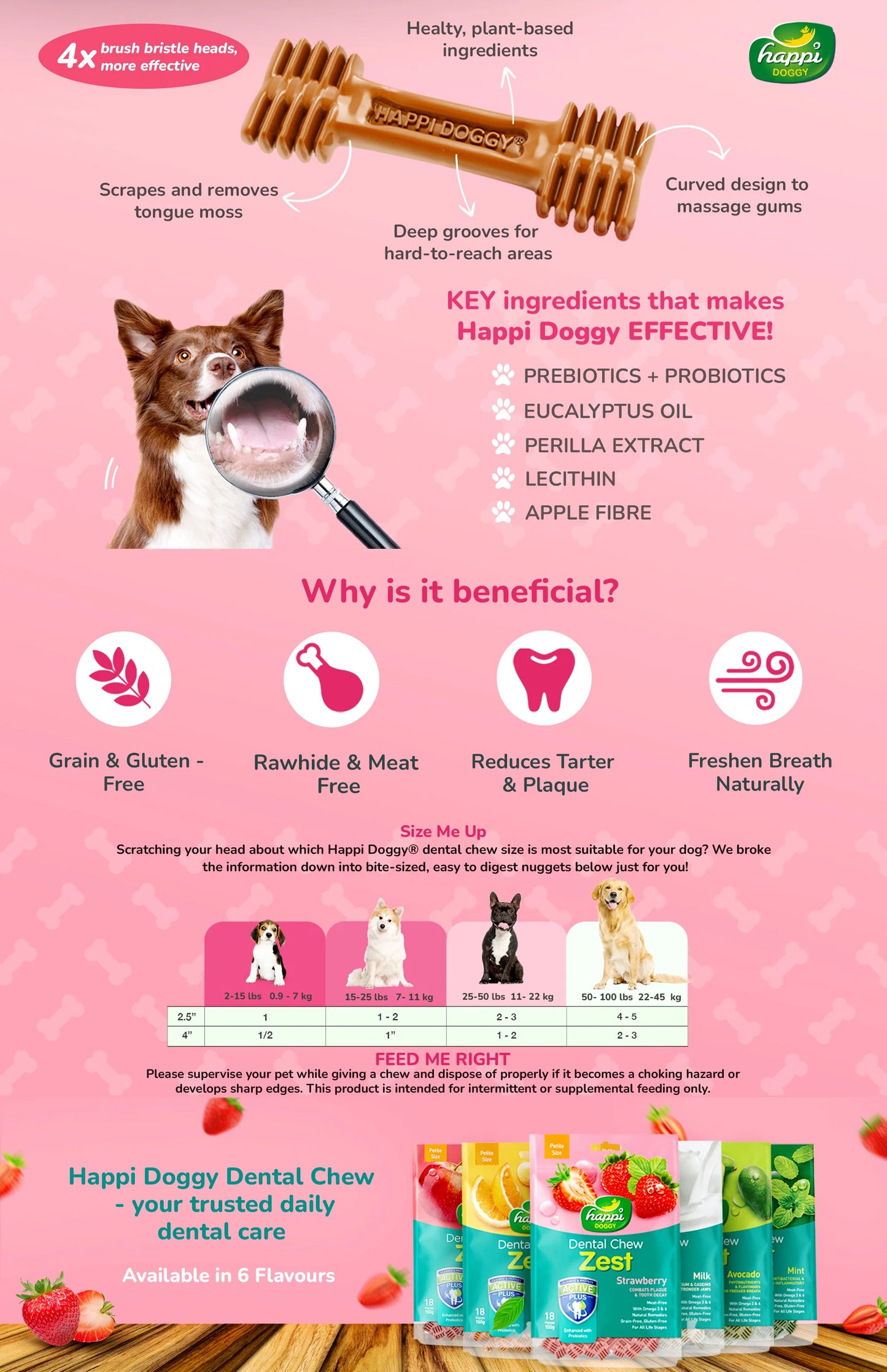 Happi Doggy Dental Chew - Zest - Strawberry Vegetarian & Sustainable Treat For Dogs 150g