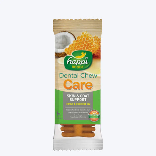 Happi Doggy Dental Chew Care (Skin and Coat Support) Honey & Coconut Oil Vegetarian & Sustainable Treat For Dogs Single Pack