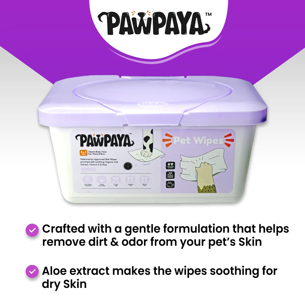 Pawpaya Pet Wipes Vegan & Cruelty-Free For Cats & Dogs 100 Wipes Tub