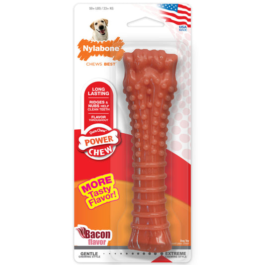 Nylabone Power Chew Textured Bone Bacon Flavor Chew Toy Up To 23kg Dogs 19.6cm x 5.71cm x 2.54cm