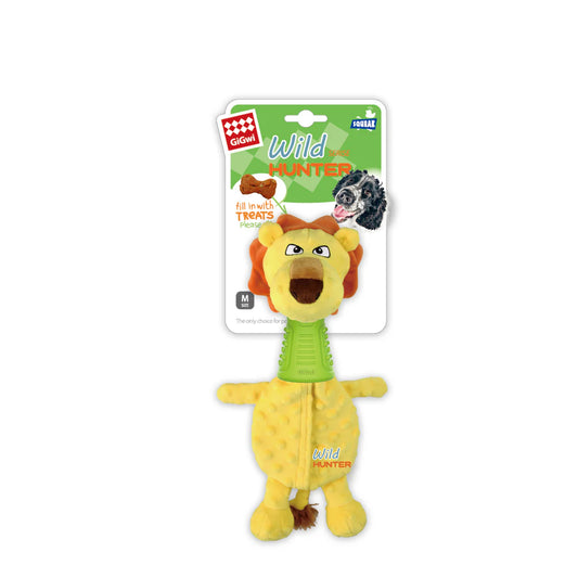 Gigwi Wilder Hunter Lion Dog Toy – Interactive Plush with Treat Hiding, Squeaker, and Dental Rubber Neck for Medium Dogs