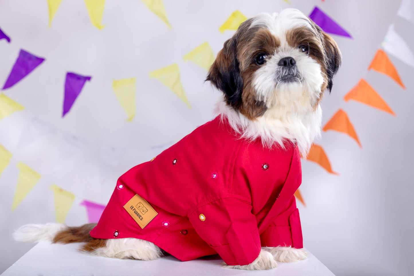 15 Furries Electric Red Mirrorwork Dog Kurta
