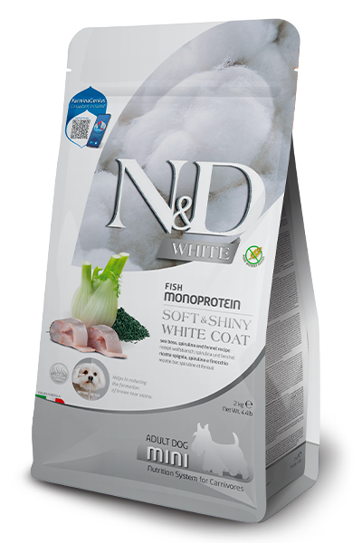 Farmina N&D White Soft and Shiny Coat With Sea Bass, Spirulina and Fennel Recipe Adult Mini Dry Dog Food 2kg