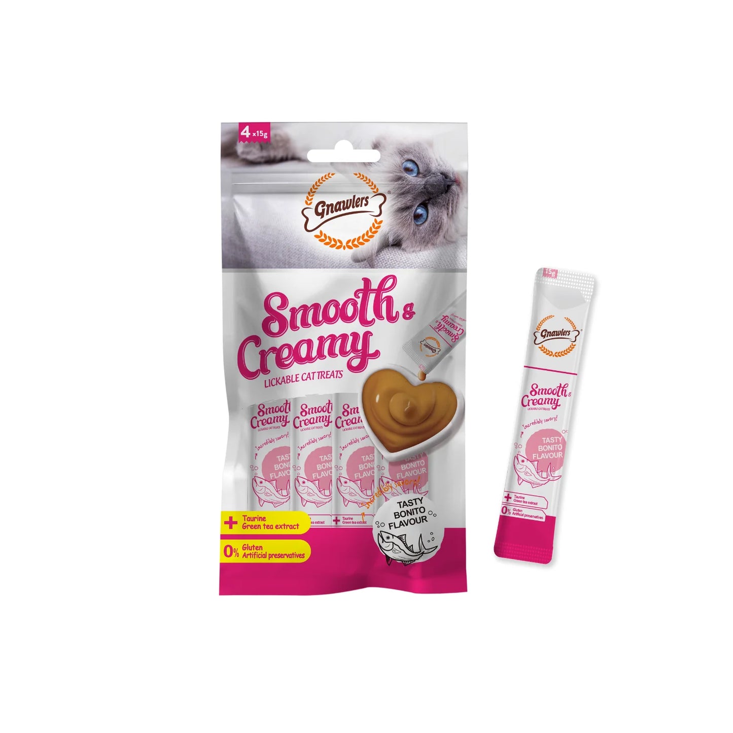 Gnawlers Smooth & Creamy Lickable Cat Treat Bonito Flavor 4x15g