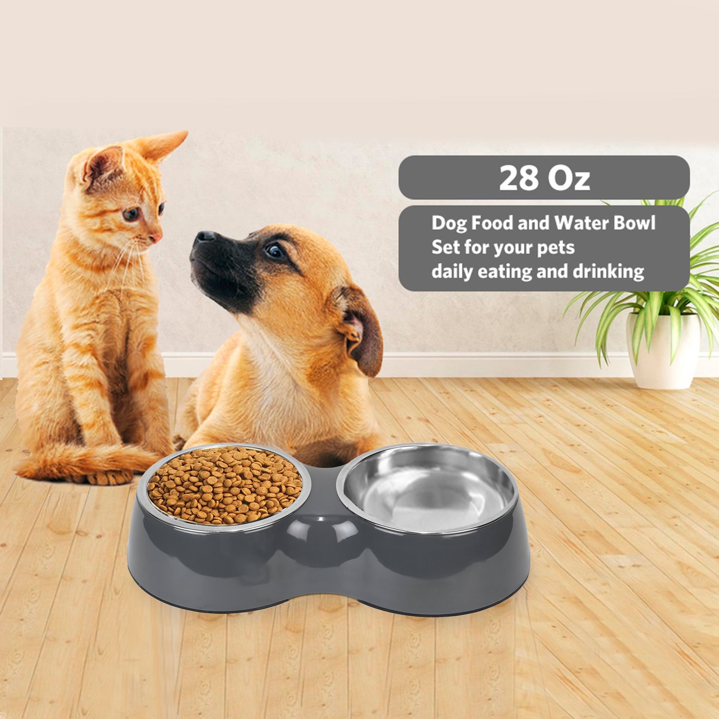 Basil Melamine Double Dinner Set Pet Feeding Bowls for food and water Grey Small 400ml