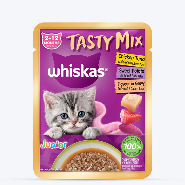 Whiskas Tasty Mix Chicken Tuna With Sweet Potato flvor In Gravy Wet Food For Junior (2-12 Months) Kitten 70 gm