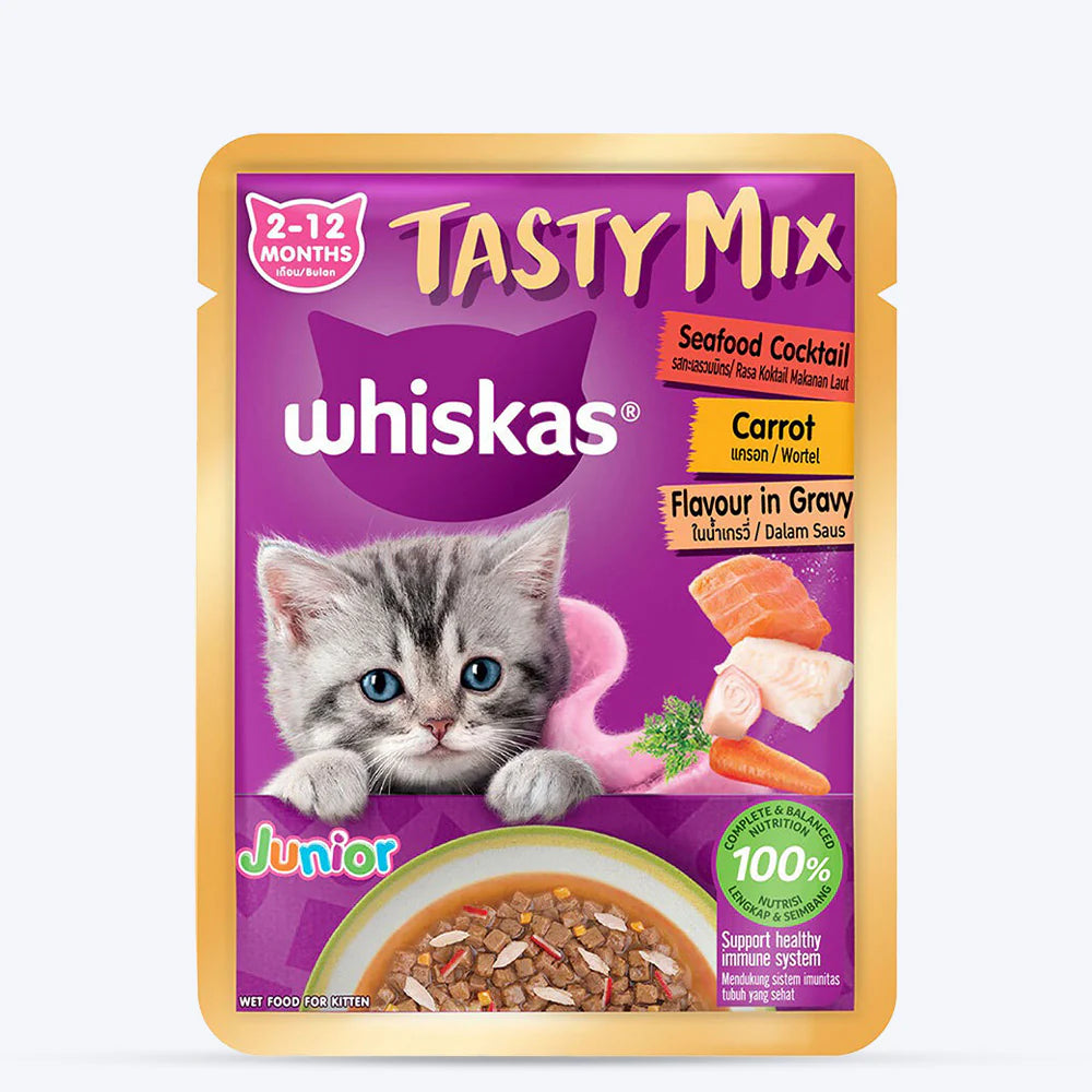 Whiskas Tasty Mix Seafood Cocktail With Carrot In Gravy Wet Food For Junior (2-12 Months) Kitten 70gm
