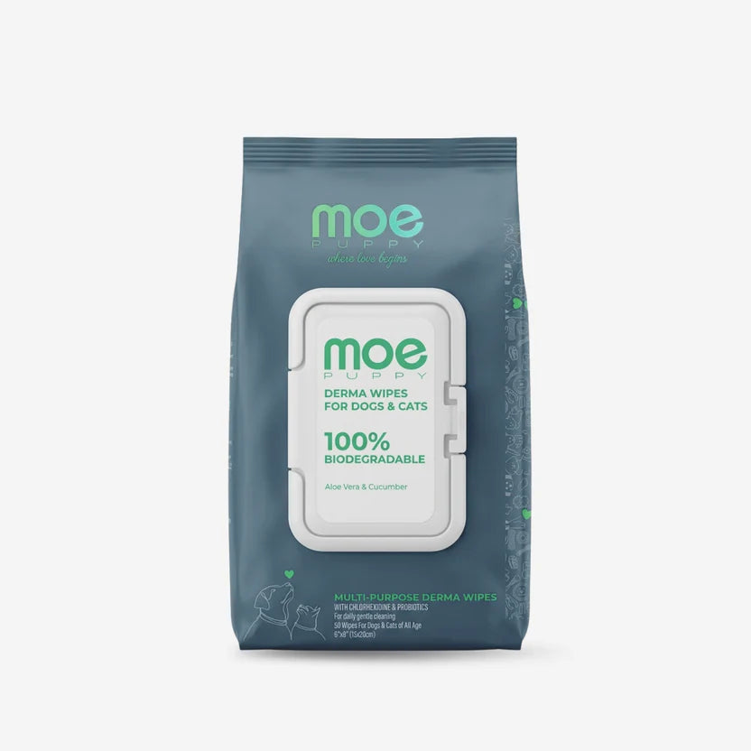 Moe Puppy Multipurpose Derma Wipes Cruelty Free and Plant Based Formula for Dogs & Cats 15x20cm 50pc